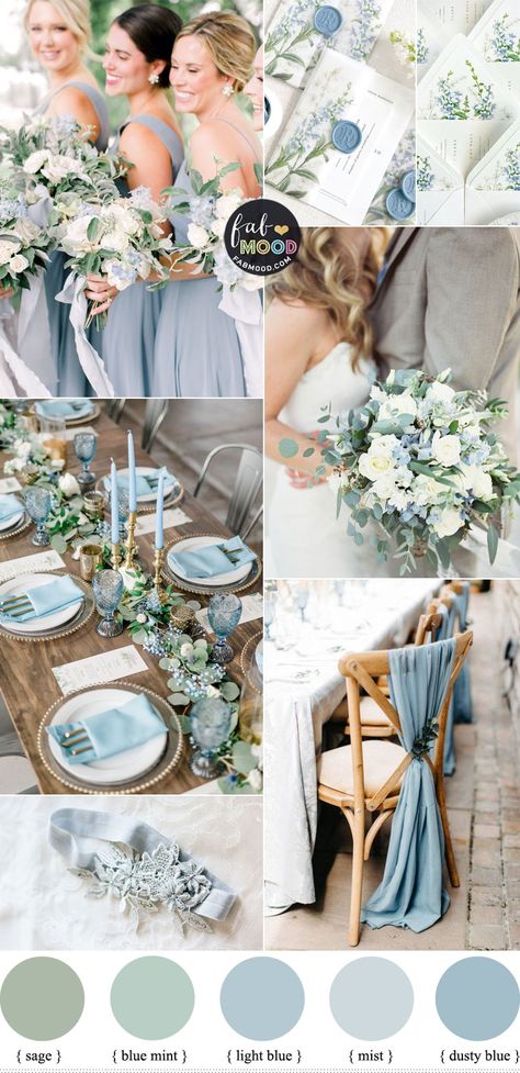 Wedding Light Green Theme, Wedding Colors With Light Blue, Dusty Green Wedding Theme, Champagne And Dusty Blue Wedding Color Palettes, Dusty Blue Garden Wedding Theme, Ice Blue And Navy Wedding Theme, Powder Blue Theme Wedding, Wedding Decor Blue And Green, Blue And Sage Wedding Theme