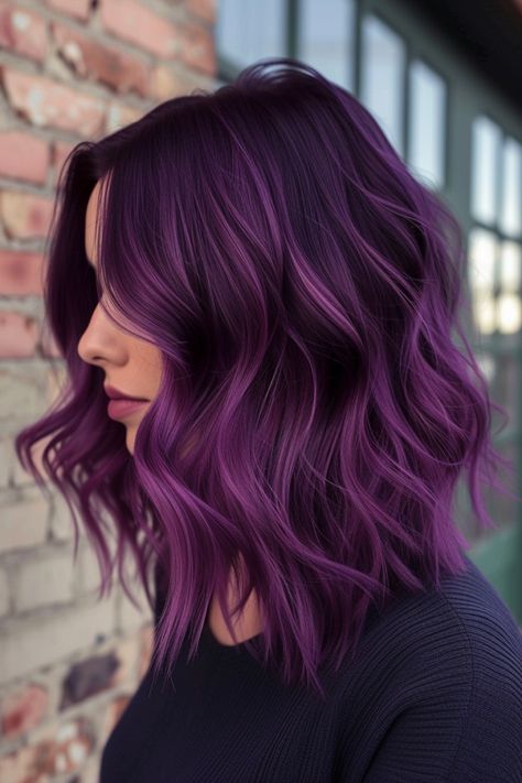 70+ Gorgeous Hair Color Trends For 2024 Vivid Hair Highlights, Plum Balayage Hair, Vivid Balayage, Purple Underneath Hair, Plum Highlights, Plum Purple Hair, December Hair, Face Hairstyles, Purple Ombre Hair