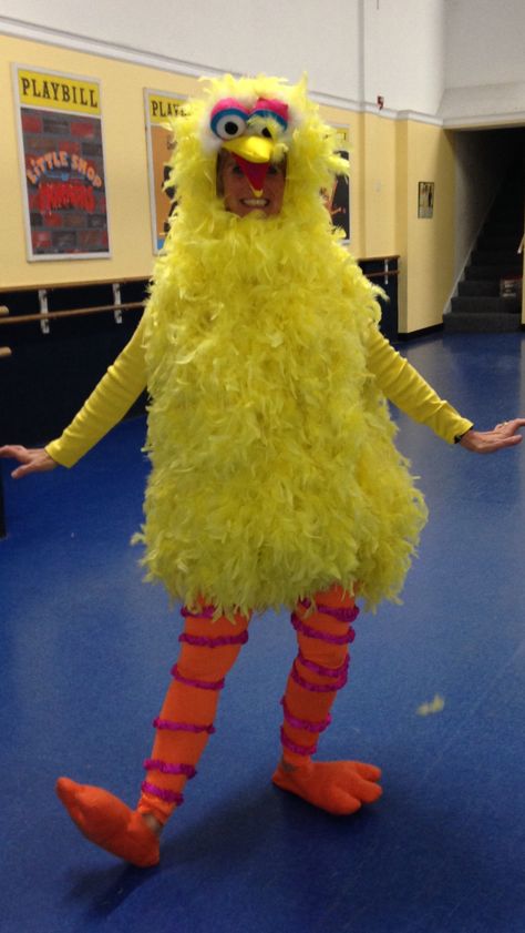 big bird costume. 14 feather boas and 2 1/2 hours with a glue gun Diy Big Bird Costume Women, Orange Costume Ideas, Big Bird Halloween Costume, Big Bird Costume, Work Costumes, Elmo Costume, Costumes 2024, Feather Boas, Bird Costume