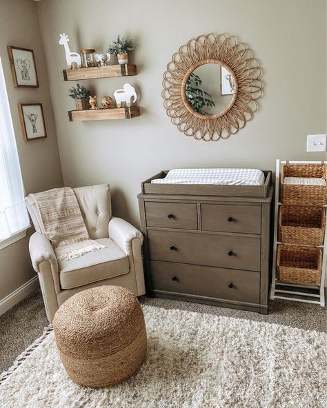 Neutral Themed Nursery, Small Nursery Set Up, Boys Safari Nursery, Nursery Set Up Layout Small Spaces, Boys Neutral Nursery, Gender Neutral Baby Room Ideas, Gender Neutral Boho Nursery, Very Small Nursery Ideas, Basic Nursery Ideas