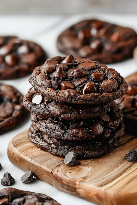 Double Chocolate Chip Cookies Recipe - Insanely Good Brownie Board, Double Chocolate Chip Cookies Recipe, Apothecary Recipes, Double Chocolate Chip Cookie Recipe, Gourmet Chocolate Chip Cookies, Double Chocolate Cookies Recipe, Dark Chocolate Cookies, Chocolate Biscuits, Chocolate Chip Cookies Recipe