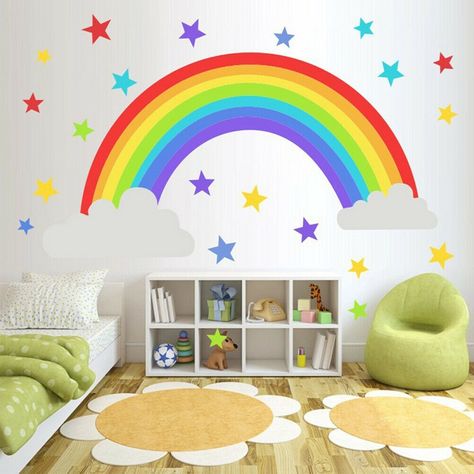 Creative rainbow decoration ideas and bright colors in kids bedrooms  #rainbow #decor #kids #room #nursery #baby #wall #decoration #furniture #accessories Green Wall Stickers, Veranda Design, Star Bedroom, Rainbow Bedroom, Ideas Habitaciones, Rainbow Wall Decal, Diy Wall Stickers, Decor Studio, Wall Stickers Bedroom