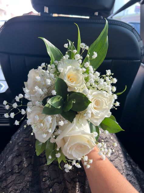 White Bouquet For Prom, White And Green Bouquet Prom, White And Silver Prom Bouquet, White Rose Bouquet Prom, White Flower Prom Bouquet, Prom Flower Arrangements, Green Prom Flowers Bouquets, Mini Prom Bouquet Flowers, Flower Prom Bouquets