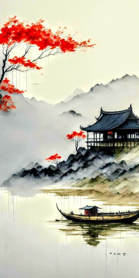 Asian Phone Wallpaper, Chinese Phone Wallpaper, Chinese Wallpaper Backgrounds, Japanese Landscape Wallpaper, Japanese Scenery Art, Japanese Style Wallpaper, Japanese Wallpapers, Japan Watercolor, Japanese Ink Painting