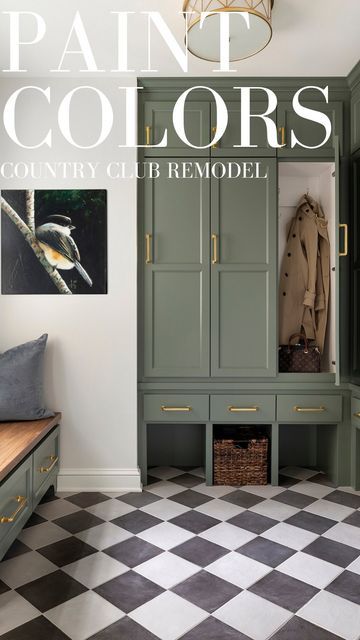 Dark Green Laundry Cabinets, Blue Green Mudroom, Mudroom Color Scheme, Dark Green Mudroom Cabinets, Dark Green Mudroom, Green Mudroom Cabinets, Green Mudroom, Cushing Green, Mudroom Paint