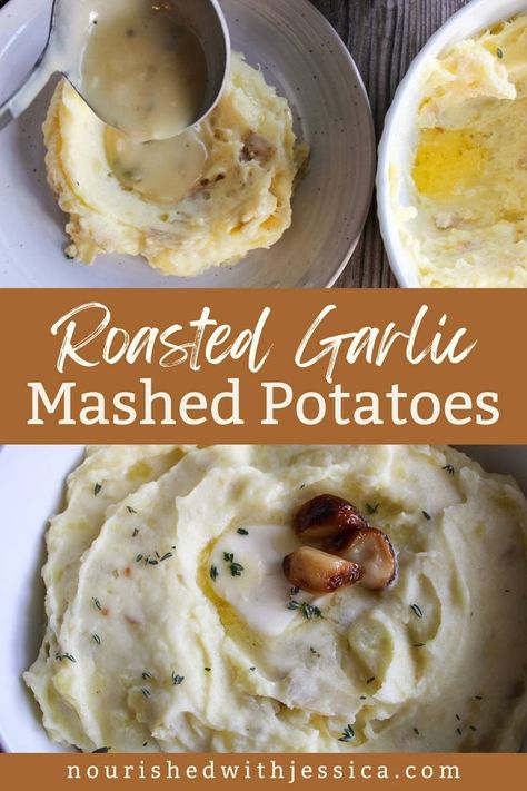 Elevate your Thanksgiving dinner with these creamy, buttery roasted garlic mashed potatoes. Made with Yukon gold potatoes and rich cream, this easy homemade recipe is perfect for garlic lovers. With just 2 lbs of potatoes and a few simple ingredients, these mashed potatoes will be the star of your holiday spread. Serve with gravy for the ultimate comforting side dish at your next fall or holiday gathering! Creamy Double Garlic Mashed Potatoes, Mashed Potatoes Roasted Garlic, Garlic Mashed Red Potatoes Recipe, The Best Garlic Mashed Potatoes, Herb And Garlic Mashed Potatoes, Creamy Roasted Garlic Mashed Potatoes, Roast Garlic Mashed Potatoes, Garlic Parm Mashed Potatoes, Best Garlic Mashed Potatoes Recipe