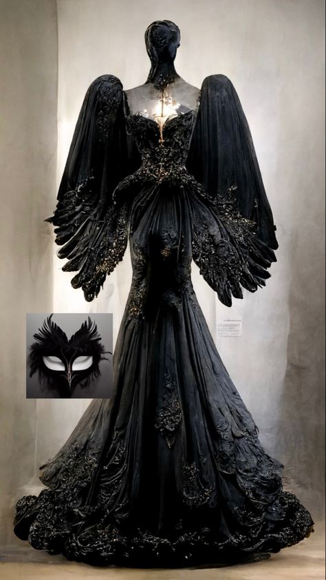 Black Dress Queen Aesthetic, Crow Inspired Dress, Raven Dress Fantasy Gowns, Fallen Angel Outfit Drawing, Black Swan Dress Gowns, Gothic Masquerade Ball, Fallen Angel Clothes, Fallen Angel Aesthetic Costume, Owl Inspired Outfit