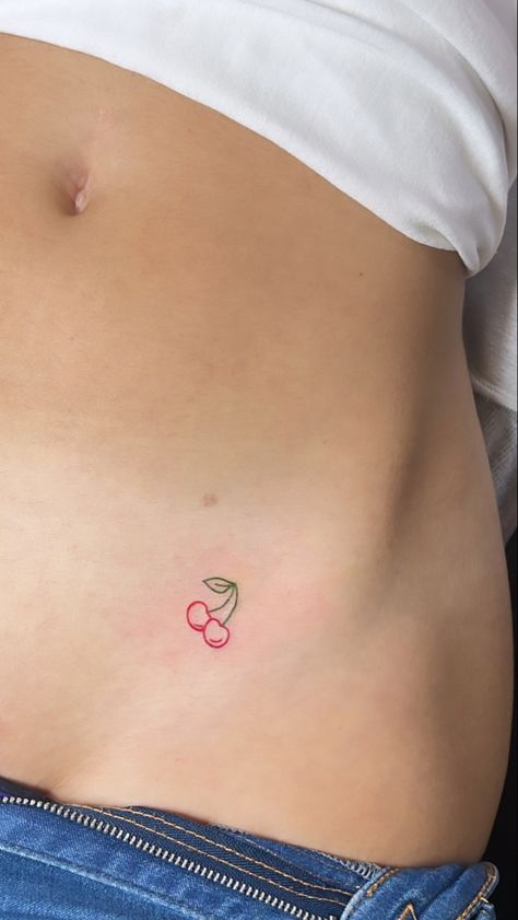 Cherry Hip Tattoo, Little Cherry Tattoo, Cherry Tattoo Small Simple, Good Days Tattoo, Matching Tiny Tattoos, Tiny Cherry Tattoo, Small Cherry Tattoo, Dainty Hip Tattoos, Tiny Hidden Tattoos