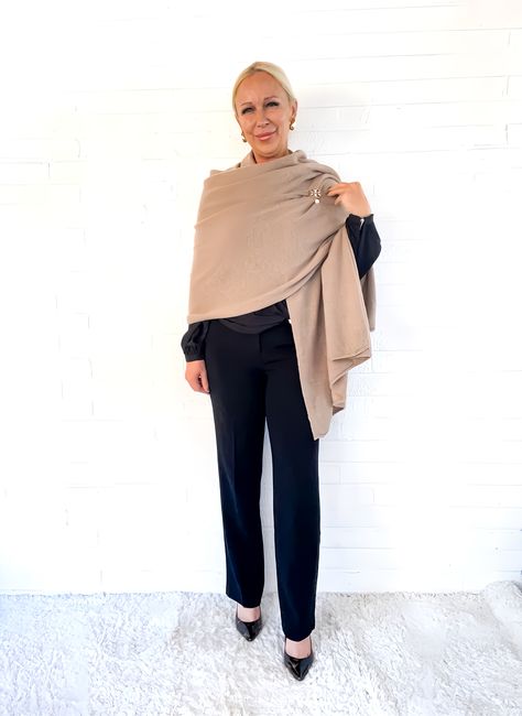 Cashmere Scarf How To Wear A, How To Wear A Large Scarf As A Wrap, How To Wear A Cashmere Wrap, Cashmere Wrap Outfit, How To Style A Wrap Shawl, How To Wear A Wrap, Style A Pashmina, How To Wear A Wrap Shawl, How To Wear Shawl