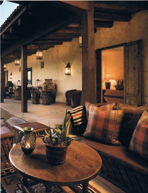 * Western Home Exterior, Southwest Patio Ideas, Southwest Home Exterior, Wood Overhang, Hacienda Style Patio, Southwest Patio, Narrow Porch, Western Patio, Hacienda Decor