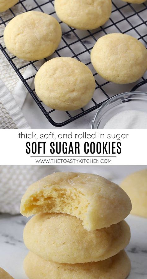 Soft sugar cookies recipe by The Toasty Kitchen. Soft sugar cookies are thick, tender cookies rolled in sugar to add a sweet, crunchy crust. The perfect cookie for year round, and a classic to add to your holiday cookie tray. #softsugarcookies #sugarcookies #homemade #cookierecipe #holidaycookies #recipe #dessert Tasty Sugar Cookie Recipe, Best Ever Sugar Cookie Recipe, Homemade Peanut Butter Cookies Recipe, Whipped Sugar Cookies, Soft Sugar Christmas Cookies, Easy Soft Cookies, Super Simple Cookie Recipe, Cake Like Sugar Cookies, Soft Top Cookies Recipe