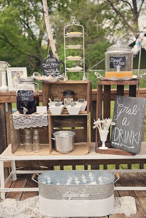 Mad-Hatter tea party! Tea party themed bridal shower idea Wedding Shower Brunch Decorations, Wooden Crates Wedding, Lace Napkins, Wedding Shower Brunch, Wedding Drink Bar, Bridal Shower Decorations Rustic, Brunch Decor, Rustic Outdoor Wedding, Drink Bar