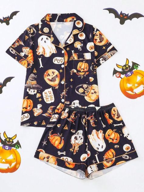 2pcs Halloween Pumpkin & Bat Print Sleepwear Set For Women, Comfy Short Sleeve Lapel Button Shirt... | SHEIN Lapel Top, Chic Halloween, Halloween Pajamas, Plus Lingerie, Satin Sleepwear, Satin Pyjama Set, Sleepwear Sets, Satin Pajamas, Comfy Shorts