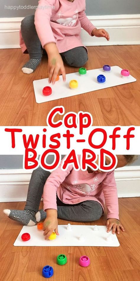 CAP TWIST-OFF BOARD USING THE CAPS AND SPOUTS OF FOOD POUCHES - Great fine motor skill activity Preschool Fine Motor, Quiet Activities, Motor Skills Activities, Fine Motor Skills Activities, Games For Toddlers, Skills Activities, Toddler Learning Activities, Baby Diy, Toddler Fun