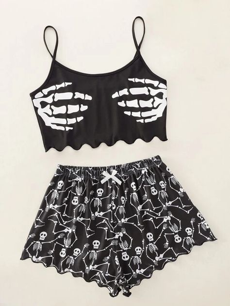 Skull Print Bow Pajama Set | SHEIN USA Crop Top Styles, Pijamas Women, Loungewear Outfit, Bandeau Tops, Cute Pajamas, Crop Top And Shorts, Womens Pyjama Sets, Print Pajamas, Pajama Set Women