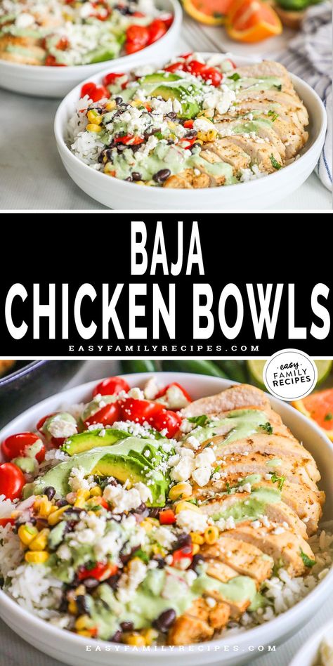 The ultimate fresh and fantastic dinner? Baja Bowls! With tender, full-of-flavor baja chicken over rice, black bean and corn salsa, veggies, and more then smothered in a creamy and tangy cilantro sauce, these baja chicken bowls are irresistible! If you love the Baja Bowl from Panera or Costa Vida, you have to try our at-home version. Chicken Baja Bowl, Baja Bowls, Chicken Gyro Bowl, Baja Bowl, Baja Chicken, Black Bean And Corn Salsa, Chicken Taco Bowls, Chicken Over Rice, Black Bean And Corn