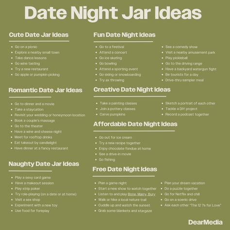 Looking for fresh date night inspiration? Look no further! Our date night jar is packed with 55 exciting ideas to ignite the spark in your relationship. From spontaneous picnics to DIY projects, there's something for every couple to enjoy. Let the adventure begin! #DateNightInspo #RelationshipGoals #DearMedia Date Night Sleepover Ideas, Gift Couple Ideas, Dates Jar Ideas, Couples Jar Ideas, Newlywed Date Night Ideas, Nighttime Date Ideas, Couple Date Ideas Creative, Date Night Adventure Ideas, Exciting Date Ideas