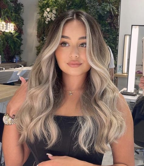 More Blonde Highlights On Brown Hair, Brunette With Blonde Extensions, Highlight Balayage Blonde, Highlights With Natural Roots, Light Brown With Blonde Front Pieces, Light Hair Color Ideas For Black Hair, Ash Blonde Hair With Brown Roots, Highlights W Money Piece, Black Root Blonde Balayage