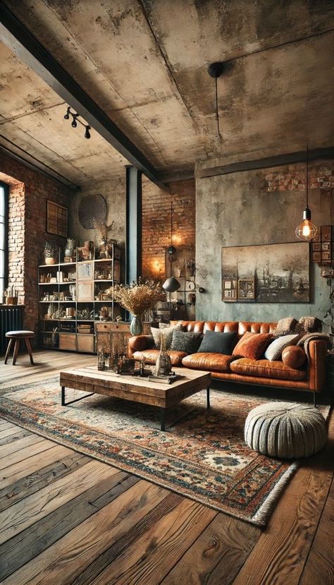 BARBARAPPA Farmhouse Brick Interior, Industrial Country Home, Industrial Farmhouse Decor Ideas, Industrial Barndominium Interior, Concrete Floor Apartment, Industrial Rustic Interior Design, Industrial Barndominium, Concrete And Wood Interior, Wood And Concrete Interior