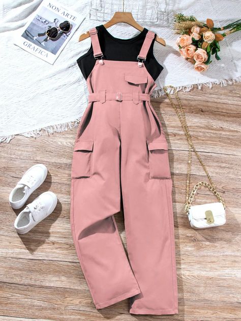 Pink Casual Collar   Colorblock,Plain  Embellished Non-Stretch,Slight Stretch  Tween Girls Clothing Cute Outfits For 9yrs, Clothes 12-13, Two Set Outfits, Adrette Outfits, Outfits Simple, Workwear Overalls, Modest Casual Outfits, Casual Outfits For Teens, Fashion Top Outfits