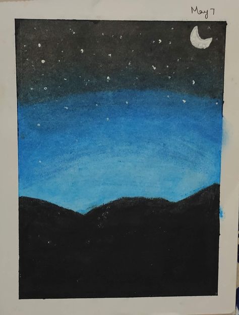 Oil Pastel Drawings Easy For Beginners, Night Sky Drawing Easy, Oil Pastel Night Sky, Sky Drawing Easy, Night Oil Pastel, Oil Pastel Easy Drawing, Sky Oil Pastel, Oil Pastel Ideas, Oil Pastels Drawings