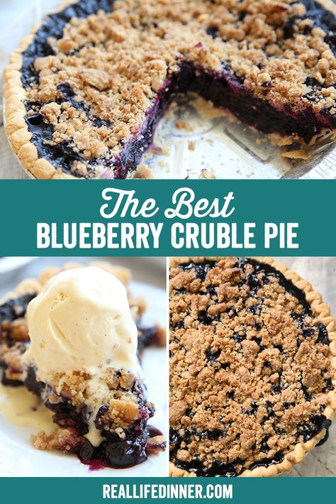 Pinterest collage for the best blueberry crumble pie, three pictures of the pie separated by the title of the recipe Blueberry Crumble Pie With Frozen Blueberries, Blueberry Pie Streusel Topping, Blueberry Crisp Pie, Pie Recipes Blueberry, Blueberry Pie Easy Recipe, Blueberry Pie Recipe Homemade, Blueberry Pie No Top Crust, Pie Blueberry Recipe, Blueberry Streusel Pie Recipe