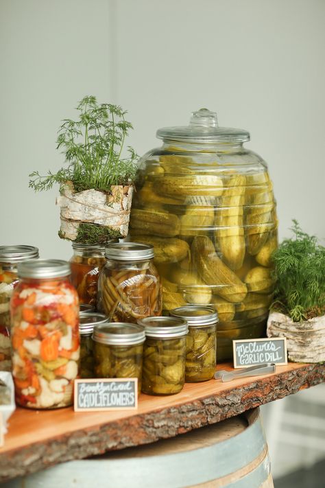 "One of my favorite parts of the wedding was a special request that I made based on my favorite food: a pickle bar," Lauren says. "It included seven varieties of pickles, which our caterer placed in various jars and barrels. We used mini chalkboards to write where each of the pickles were from—all local Brooklyn vendors. We decorated it with dill plants inside birch holders. Pickle Bar, Wedding Buffet Menu, Wedding Food Catering, Wedding Food Stations, Reception Bar, Bbq Menu, Gourmet Breakfast, Reception Food, Wedding Reception Food