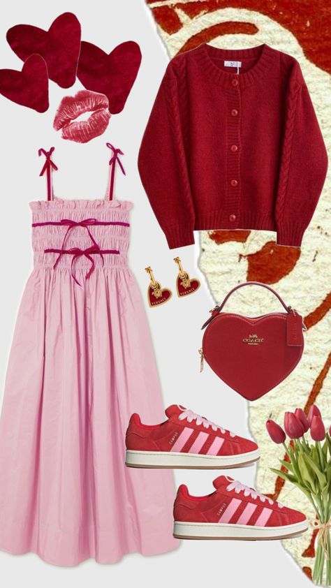 pink and red outfit hearts Pink Red And White Outfit, Pink Red Outfit Aesthetic, Red And Pink Outfit Ideas, Pink And Red Aesthetic Outfit, Heartcore Outfit, Valentine’s Outfit, Pink And Red Outfit Aesthetic, Love Core Aesthetic Outfits, Galentine's Outfits