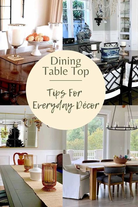 Decorator Mary Ann Pickett's simple ways to decorate your table for everyday and not just when you have company! #centerpieces Simple Dining Table Decorations For Home, Table Styling Ideas Dining Room, Decor Ideas For Dining Room Table, Mid Century Modern Dining Table Centerpiece, Year Round Table Decor, Dining Table Decor Ideas Everyday, Practical Dining Table Decor, Decorating Dinningroom Table, Transitional Dining Table Decor