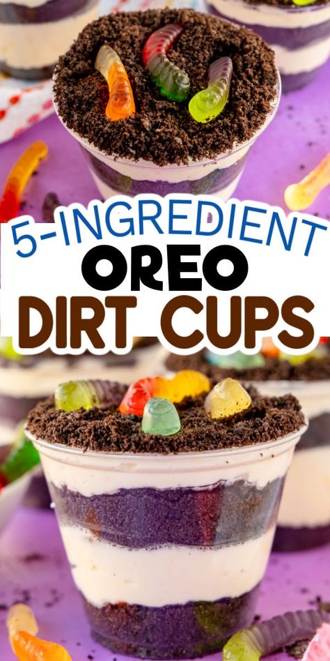 Fun Oreo dirt cups that are super simple to make and the perfect way to enjoy dirt and worms! Dirt Cakes With Gummy Worms, Warms In Dirt Dessert, Dirt Sundae Recipe, Simple Fun Desserts, Chocolate Dirt Cups, Bait Cups Dessert, Vanilla Dirt Cups, Dirt Cupcakes With Worms, Dirt Worm Cups