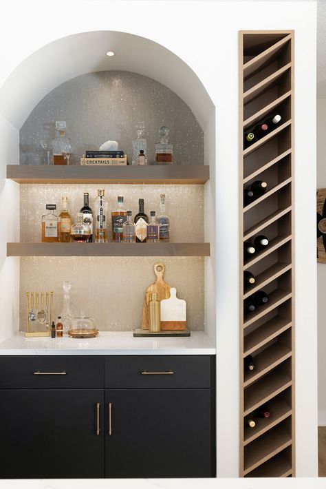 Tailored Boho Lower Level Finish | Eden Prairie, MN | Che Bella Interiors Bar In Living Room, Home Wine Bar, Bar Nook, Home Bar Areas, Home Bar Cabinet, Home Bar Rooms, Bar Shelves, Built In Bar, Home Bar Designs