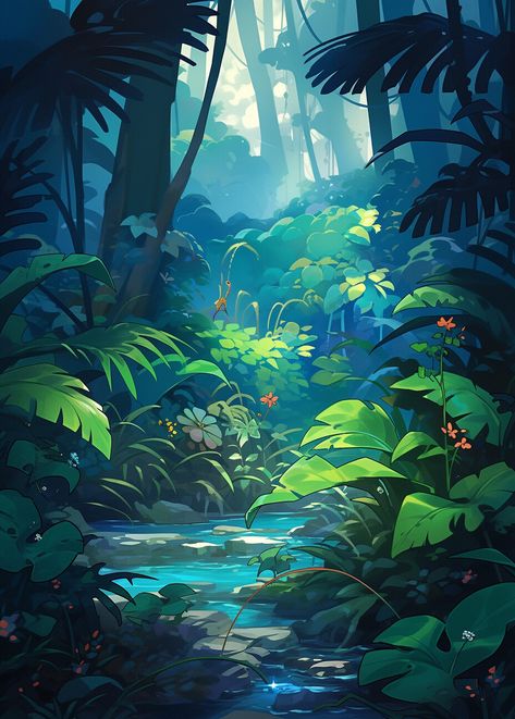 Jungle With Waterfall, Rainforest Digital Art, Jungle Environment Concept Art, Tropical Forest Concept Art, How To Draw Jungle, Jungle Landscape Art, Jungle Digital Art, Drawing Forest Background, Jungle Scene Drawing