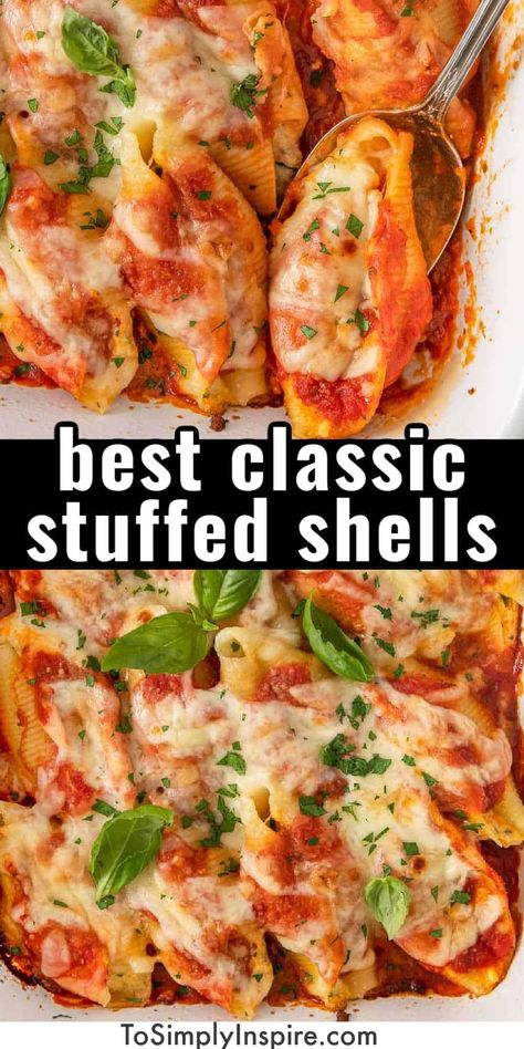 Silver spoon scooping stuffed shell out of a white baking dish. Shells Stuffed, Stuffed Pasta, Pasta Shells, Stuffed Shells Recipe, Pasta Dinners, Pasta Dinner Recipes, Types Of Cheese, Stuffed Pasta Shells, Stuffed Shells