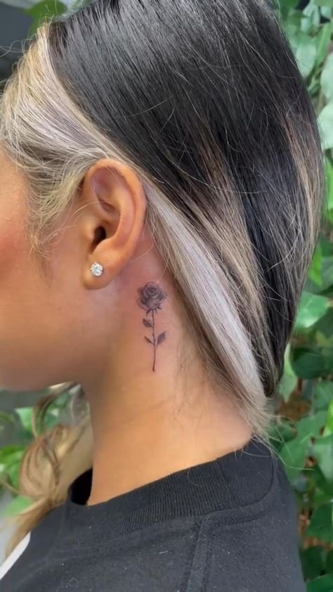 Back Ear Tattoo, Simple Neck Tattoos, Rose Tattoo Behind Ear, Rose Neck Tattoo, Small Neck Tattoos, Behind Ear Tattoos, Tattoo Behind Ear, Side Neck Tattoo, Rose Tattoos For Women