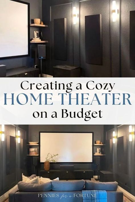 Create a cozy home theater on a budget in your bonus room or living room corner! This DIY dark media room makeover turned out great, and I'm showing you how you can do the same and create a home theater room without breaking the bank! I created this modern and cozy dark media room with a snack bar to surprise my husband for Father's Day. If you're also looking for small, cozy media room ideas that are also budget-friendly, this is it! Family Theater Room Ideas, Dark Media Room, Cozy Media Room, Small Media Room Ideas, Movie Room Diy, Cozy Home Theater, Small Home Theater Ideas, Small Home Theatre, Small Movie Room