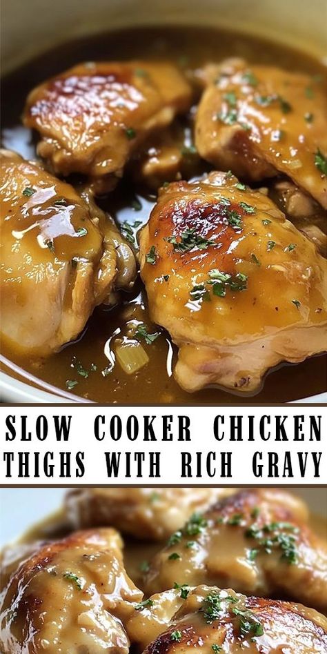 🍗 Slow Cooker Chicken Thighs with Gravy – the ultimate comfort food! 😋 Tender, juicy chicken thighs slow-cooked to perfection, smothered in a rich, flavorful gravy. This easy recipe is perfect for busy weeknights or cozy weekends. Just set it and forget it! 🙌 👉 Try this recipe today and enjoy a warm, home-cooked meal without the hassle! #SlowCookerRecipes #ChickenThighs #EasyDinner #ComfortFood #HomeCooking #SlowCookerMeals #MealPrepIdeas #WeeknightDinner Chicken Thighs And Gravy, Chicken Thighs With Gravy, Easy Chicken Thigh Recipes Crockpot, Slow Cooked Chicken Thighs, Chicken Thighs Slow Cooker Recipes, Juicy Chicken Thighs, Balsamic Glaze Recipes, Crockpot Chicken And Gravy, Crockpot Chicken Thighs