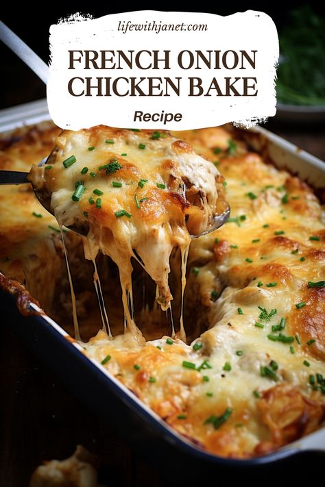 French Onion Chicken Bake French Onion Chicken Bites, Red Onion Chicken, French Onion Casserole Chicken, Keto Dinner Recipes Casserole, French Baked Chicken, Chicken And Onion Recipes, Chicken Vegetable Bake Recipes, French Onion Dip Chicken Casserole, French Onion Bake