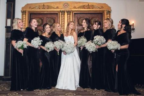 Unique Winter Bridesmaid Dresses, Black Fur Shawl Wedding, Black Bridesmaid Dresses Winter Faux Fur, Black Velvet Dress Bridesmaid, Black Bridesmaid Dresses With Fur Shawl, Winter Black Wedding, Black Velvet Bridesmaid Dresses Winter, Black Velvet Bridesmaid Dresses Long, Black Bridesmaid Dresses Velvet