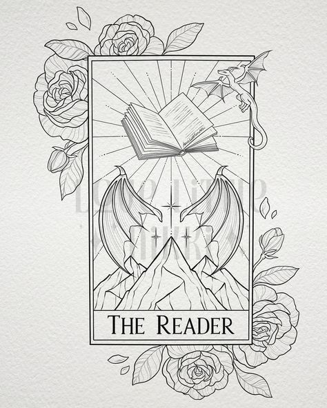 The Reader 📖🥀 this bookish tarot card is for the lovely Jessica who has an undying adoration for books & fantasy 🖤 the piece spans multiple series but you can tell what their favorites might be! #bookish #tarottattoo #acotar Tarot Book Tattoo, Bookish Tattoos Dragon, Fantasy Books Drawing, Fantasy Reader Tattoo Ideas, Line Work Book Tattoo, The Reader Tattoo Tarot, Bookish Half Sleeve Tattoo, Acotar Tarot Card Tattoo, Oracle Tattoo Ideas