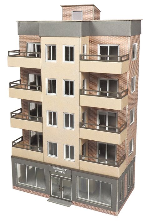 A half or low relief modern era apartment block, a perfect back scene for your layout. Combine two kits back to back for … Apartment Building Reference, Sims Town Layout, Apartment Layout Bloxburg, Apartment Building Layout, Bloxburg Apartment Exterior, Bloxburg Apartment Layout, Buildings Reference, Apartment Building Exterior, Small Apartment Building Design