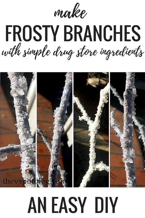 DIY FROSTY BRANCHES using simple drug store ingredients Schnee Party, Winter Wonderland Decorations, Christmas Branches, 3d Christmas, Front Porch Christmas Decor, After Christmas, Winter Crafts, Christmas Centerpieces, Xmas Crafts