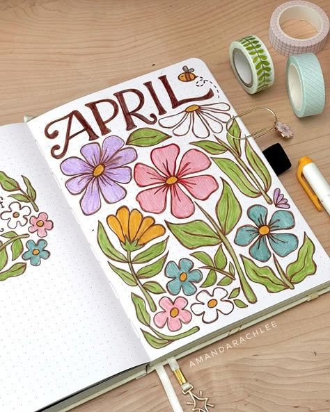 50+ Adorable April Cover Page Ideas To Love Journal Last Page Ideas, Cover Pages For Journals, Art Book Cover Page Ideas, Journal Cover Drawing Ideas, Bullet Journal Ideas April Cover, Months Journal Ideas, April Reading Journal, Summer Art Journal, May Title Page