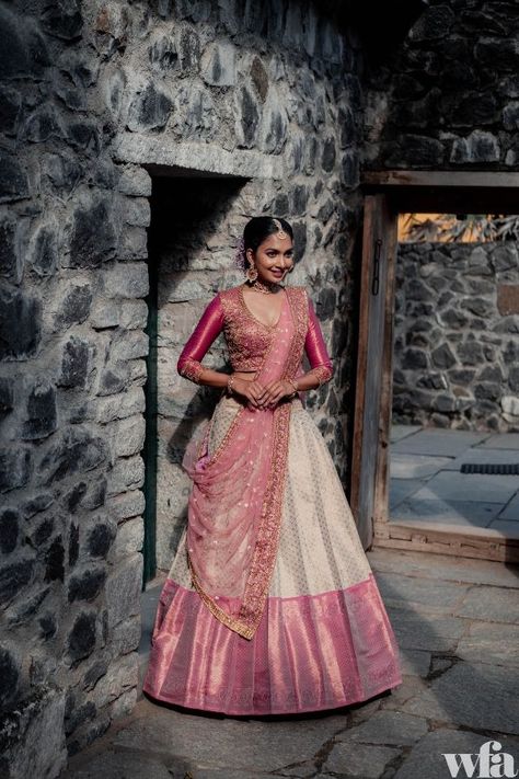 10+ Best Bridal Lehenga Stores In Chennai – Check It Out! - SetMyWed Half Saree Look For Engagement, South India Lehangas, Pleated Lehenga Indian Weddings, Half Saree Modern Style, Saree To Half Saree Designs, Pink And White Half Saree, Half Saree Voni Designs, Half Saree Styles Traditional, Pleated Half Saree