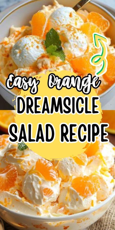 Easy Orange Dreamsicle Salad – a refreshing and creamy dessert salad that captures the essence of summertime bliss. Imagine tangy orange gelatin melding with creamy vanilla pudding, dotted with juicy mandarin oranges, and topped with a cloud of whipped cream. This delightful treat is reminiscent Dream Cycle Salad, Dreamcycle Salad, Orange Dreamsicle Salad, Dreamsicle Salad Recipe, Jello Fluff, Dreamsicle Salad, Fluff Recipes, Pineapple Dream, Fluff Salad Recipes