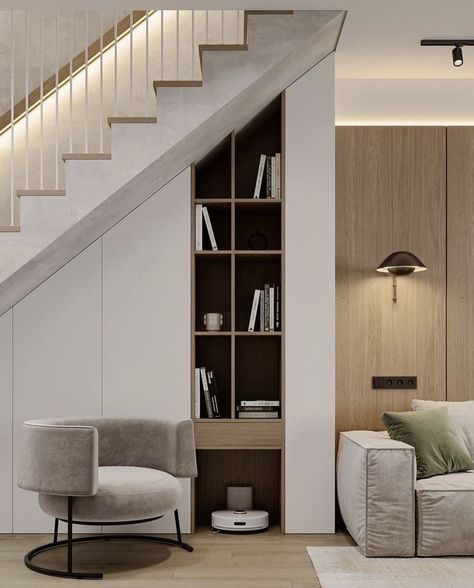 Sitting Room With Stairs, Modern Under Stairs Ideas, Under Staircase Ideas Modern, Bajo Escaleras Ideas, Under Staircase Design, Under Staircase Ideas, Living Room Under Stairs, Interior Design Under Stairs, Staircase In Living Room