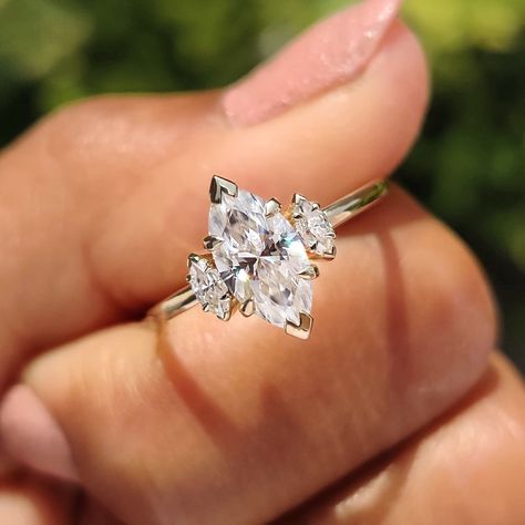 3 Piece Marquise Ring, Two Piece Wedding Ring, Round Diamond With Marquise Side Stones, 3 Stone Marquise Diamond Ring, Marquis Wedding Ring Set, Three Stone Engagement Rings Marquise, Marquise Diamond Ring With Side Stones, Marquise 3 Stone Engagement Ring, Marquise Three Stone Engagement Ring