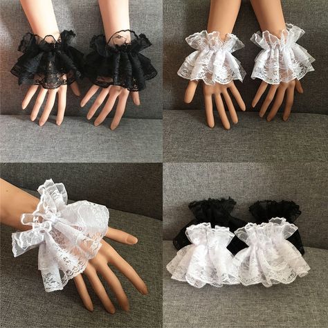 Steampunk Lolita Hand Sleeve Wrist Cuffs Ruffled Floral Black Lace Elastic Bracelet Elegant Ladies Short Lace Gloves Halloween - Gloves & Mittens - AliExpress Lace Cuffs Diy, How To Make Lace Gloves, Diy Lace Gloves, Lace Gloves Outfit, Grunge Gloves, Ruffle Gloves, Lace Wrist Cuffs, Cuffs Diy, Diy Ruffle