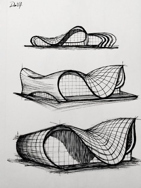 Zaha Hadid Architects Sketch, Zaha Hadid Inspired Architecture, Architecture Drawing Inspiration, 3d Design Drawing, Sketches Houses Architecture, Zaha Hadid Drawings Sketches, 3d Architecture Drawing, Arch Drawing Sketches, Architecture Drawings Sketches