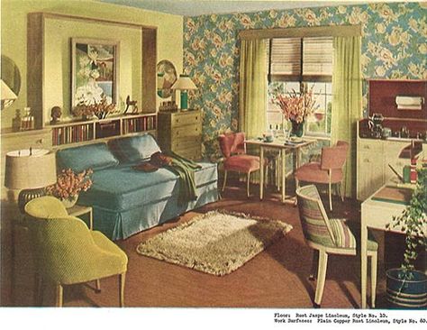 late 1940's interior decorating style | 1940s decor -- 32 pages of designs and ideas from 1944 - Retro ... 1940s Interior Design, 1940s Living Room, 1940s Home Decor, 1940s Interior, 1940s Decor, Sala Vintage, One Room Apartment, 1940s Home, Camera Vintage