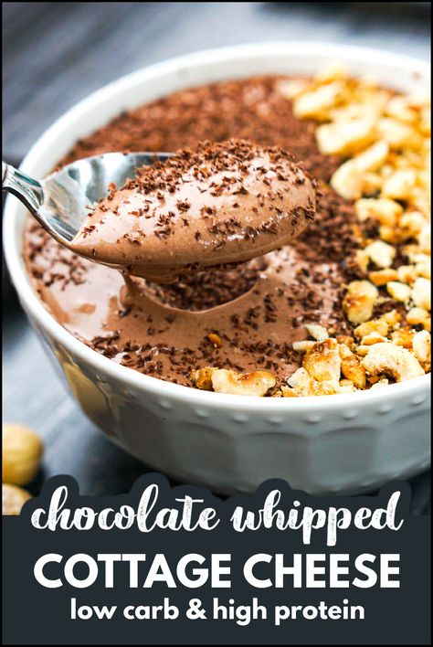 This decadent but healthy chocolate whipped cottage cheese dessert is perfect for those chocolate cravings. It's like a healthy chocolate cottage cheese pudding or mousse and it takes just a few minutes to make. It's an easy and healthy sweet treat or snack. Whipped Cottage Cheese Mouse, Protein Snacks Cottage Cheese, Recipes Using Cottage Cheese Healthy, Cottage Cheese Chocolate Muffins, Cottage Cheese And Pudding, Cottage Cheese Chocolate Ice Cream, Cottage Cheese Chia Pudding, Cottage Cheese Desserts Healthy, Cottage Cheese Banana Pudding